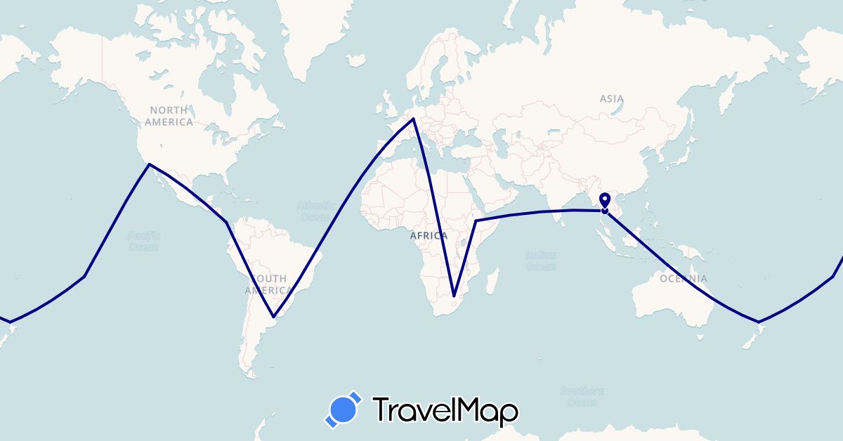 TravelMap itinerary: driving in Argentina, Germany, Ethiopia, France, New Zealand, Panama, Thailand, United States, South Africa (Africa, Asia, Europe, North America, Oceania, South America)